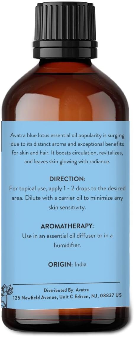 Avatra Blue Lotus Essential Oil for Diffuser, Skin & Candles | Natural & Undiluted Essential Oil | Aromatherapy, Soaps, Candles | Therapeutic Grade Essential Oil- 3.38 Fl Oz