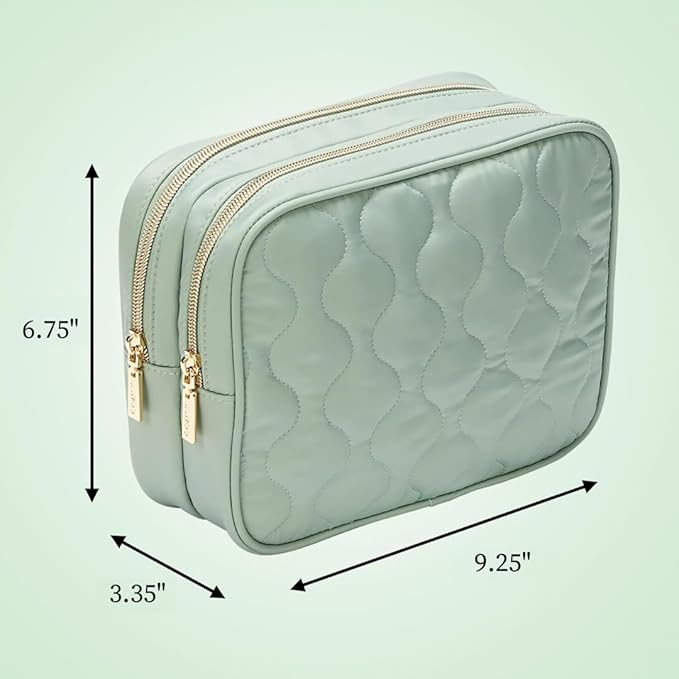 Conair Double-Zip Toiletry Travel Bag, Travel Makeup Bag Organizer, 2 Zippered Compartments, Easy to Clean, 1 Count, Sage Green