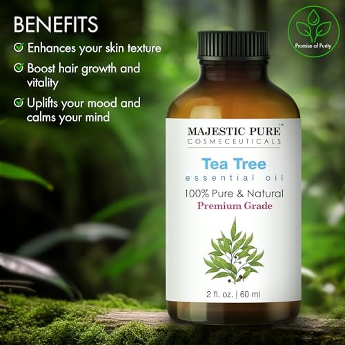 Majestic Pure Tea Tree Essential Oil with Glass Dropper - 2 Fl Oz - 100% Pure and Natural Tea Tree Oil - Premium Grade Essential Oils for Diffuser, Aromatherapy, Soap and Candle Making