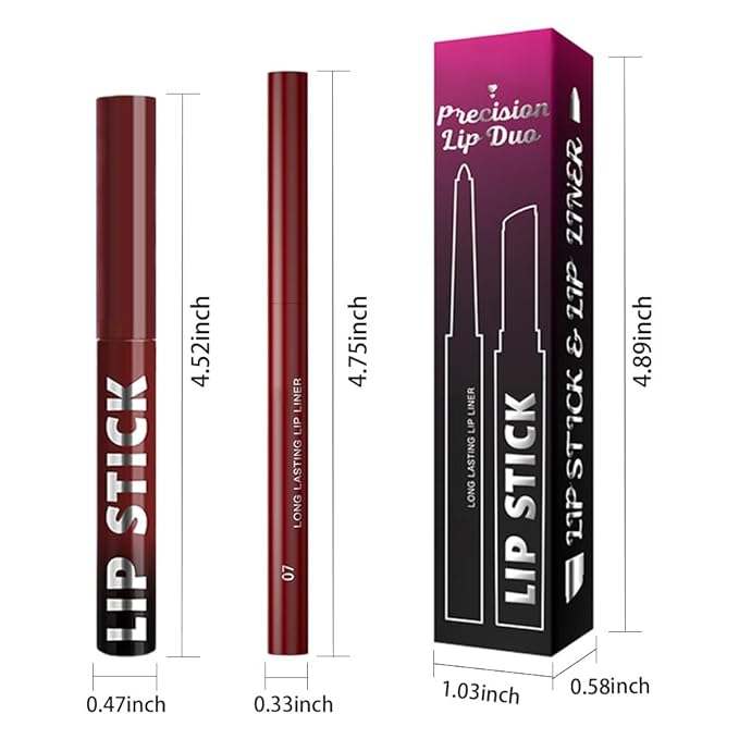 2Pcs 2 in 1 Matte Plum Lip Liner and Lipstick Combo Set for Women,Lipstick Stain Lip Liner for Daily & Party Long Lasting Waterproof Smudge Proof 24 Hour Full Coverage Vegan Lip Makeup Kit