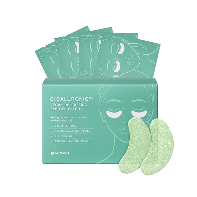 MIZON Cicaluronic Vegan De-puffing Eye Gel Patch, 24K Gold & Cica Under Eye Mask, Reduces Puffy Eyes, Dark Circles and Wrinkles (21 pairs)