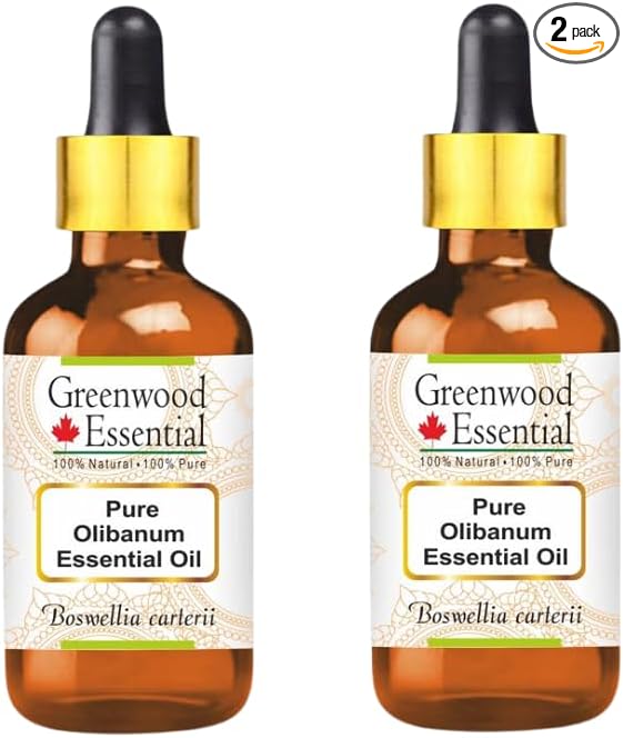 Greenwood Essential Pure Olibanum Essential Oil (Boswellia carterii) with Two Glass Droppers Steam Distilled (Pack of Two) 15ml X 2 (1 oz)