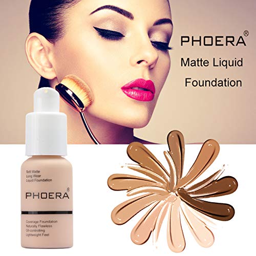 2 Pack PHOERA Foundation 101# Porcelain and 102# Nude,Soft Matte Oil Control Liquid Foundation.