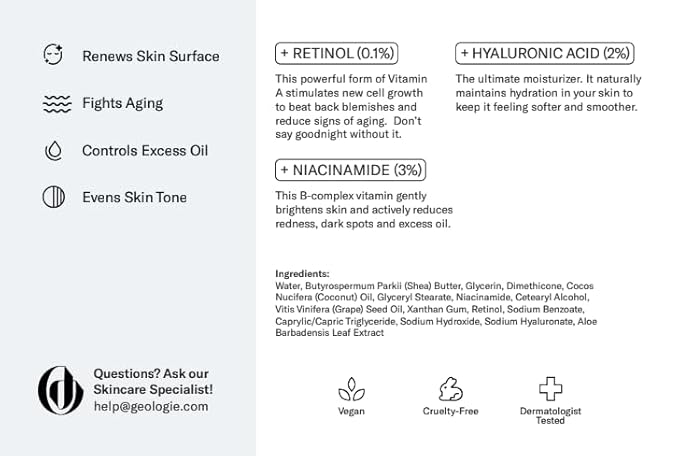 Geologie Retinol Anti-Aging Face Cream for Sensitive Skin | Beginner-Friendly .1% Retinol Formula | Effective Results | Reduces Wrinkles | For Men & Women