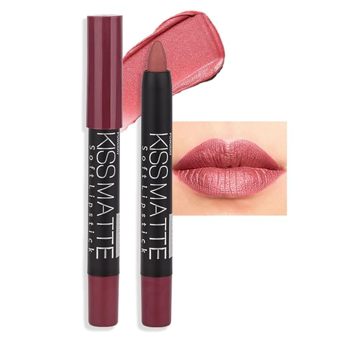 evpct 1Pcs Light Pink Metallic Lipstick and Lip Crayon Liner Pencil Pen Set for Women Lip Stain Long Lasting Waterproof labiales mate magicos 24 horas originales pintalabios permanente 24 horas 01