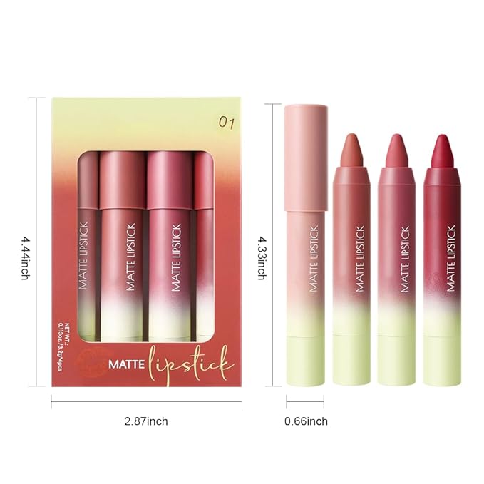 4Pcs Matte Lip Lipstick Crayon Lip Liner Thick Pencil, High-Pigment Outline lips, Non-sticky Matte Velvet Texture, Waterproof & Smudge-Proof Longwear Pigmented, Fit for all tones 01# Set