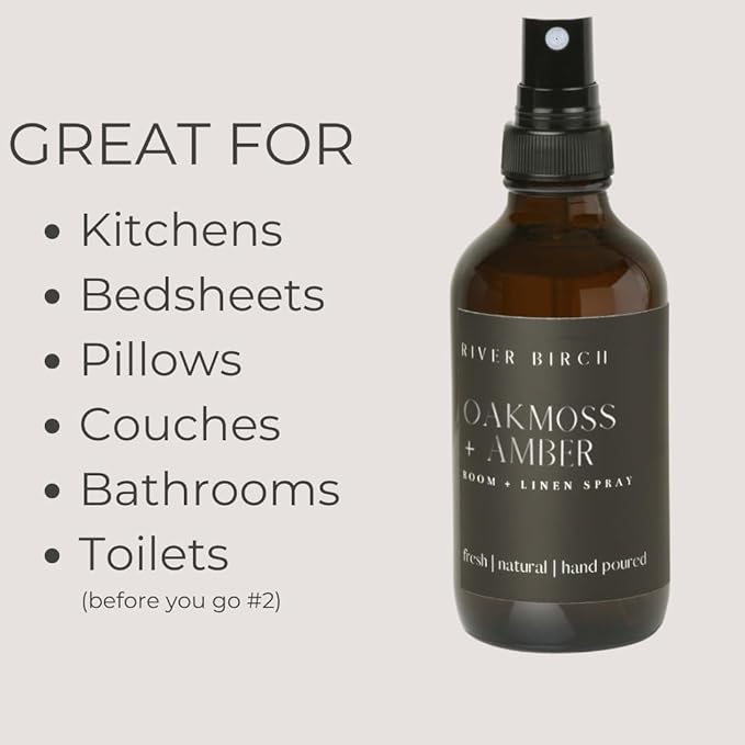 River Birch Oakmoss + Amber Scented Linen and Room Spray | Home Fragrance | 4 oz Glass Amber Bottle | Luxury Signature Scent | Handmade in Texas
