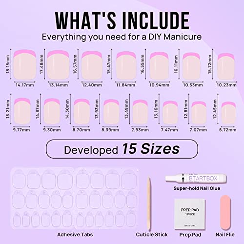 BTArtbox French Tip Press On Nails - Press on Nails Square, Pink Glue On Nails, Fit Perfectly & Natural Reusable Stick On Nails in 15 Sizes, 30 Pcs Soft Gel Kit, Dolce Pink