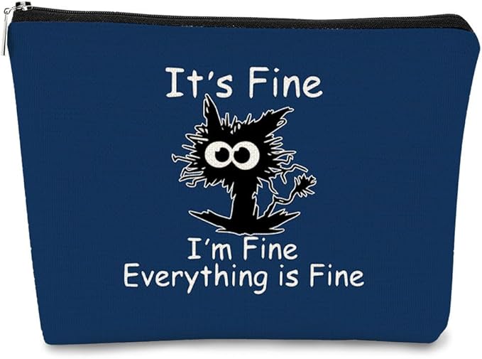 Its Fine Im Fine Everythings Fine Navy Blue Makeup bag for Women,Cat Small Make Up BagTravel Toiletry Bag for Men,Navy Blue Cat Small Pouch, Funny Cosmetic Bag Zipper Bag Birthday Gift