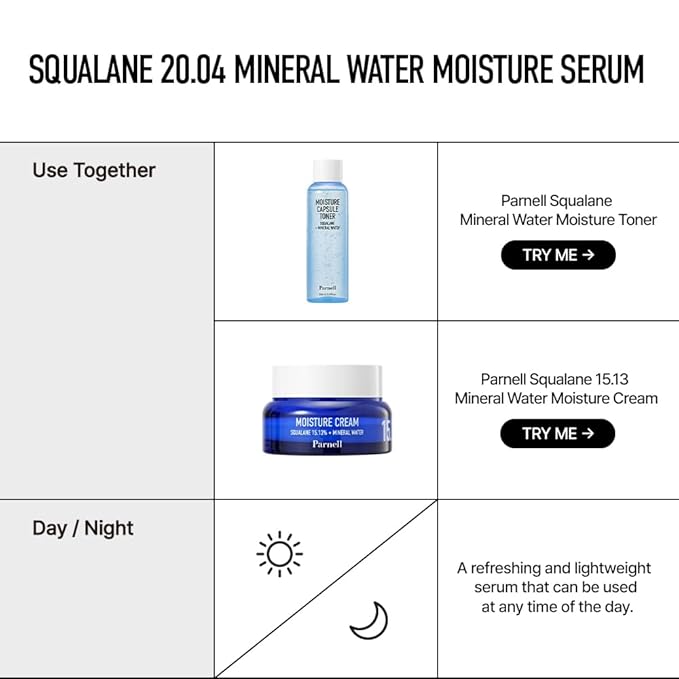 Parnell Squalane 20.04% | 30ml / 1.01 fl.oz. | Mineral Water Moisture Serum, hydrating serum for face, skin barrier serum, korean skin care, korean beauty