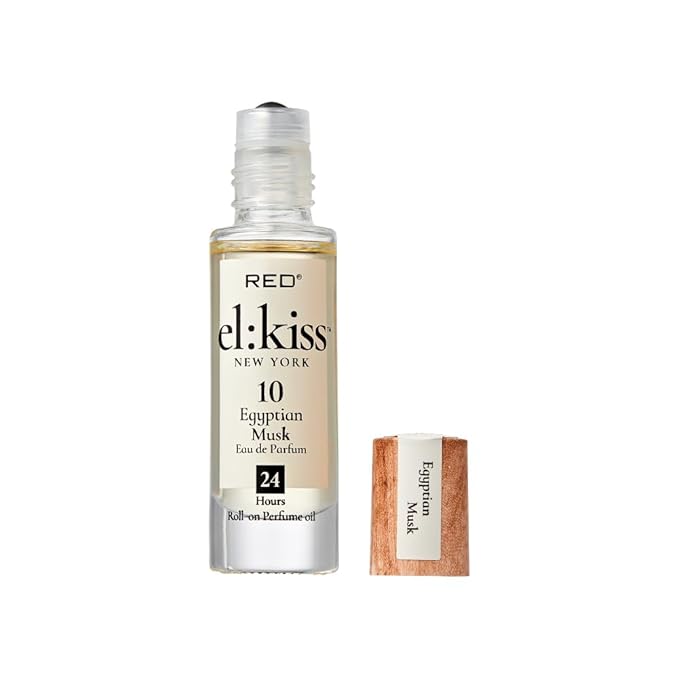 EL:KISS Roll On Perfume, Egyptian Musk Eau de Parfum 12mL (.40 Fl Oz), Hydrating & Long-Lasting, Alcohol-Free & Mineral Oil-Free, Infused with Jojoba, Argan & Coconut Oil