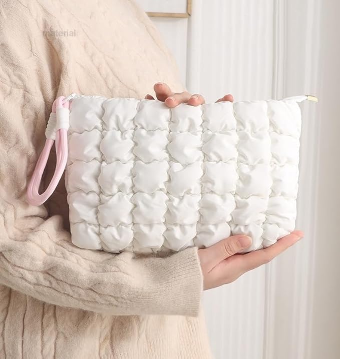 DOB SECHS Puffer Quilted Makeup Bag with Handle, Cute Puffy Cotton Cosmetic Bags for Women, Small Checkered Toiletry Zipper Pouch, Travel Essentials Storage Organizer Clutch Pouches Pencil Case, Khaki
