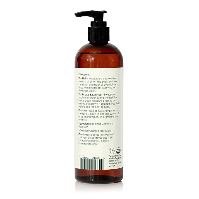 Plant Therapy Castor Oil USDA Organic Cold Pressed 100% Pure Hexane Free 16 oz Conditioning & Healing, For Dry Skin, Hair Growth, Eyelashes