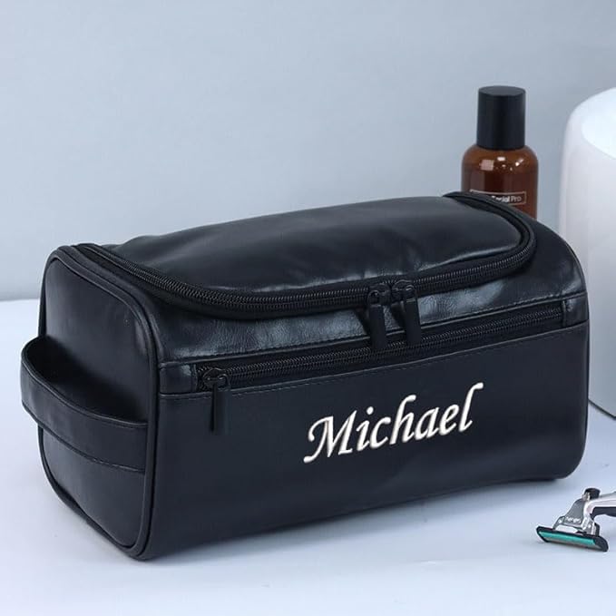 Personalized Embroidery PU Leather Travel Toiletry Bag for Men,Stylish Travel Organizer for Travel, Wedding Gift,Customized Monogram Travel Shaving Dopp Kit for Groomsmen (Black)