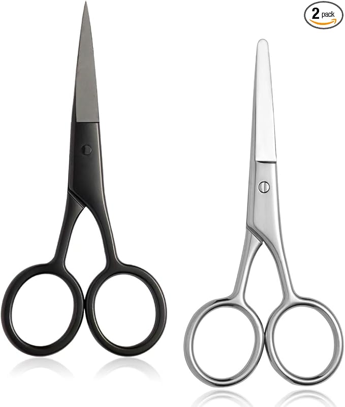 2PCS Small Grooming Scissors for Men and Women, Facial Hair Trimming Scissors with Straight & Rounded Safety Tips for Eyebrows, Nose Hair, Beard, Mustache, Eyelashes, and Ear Hair - Silver & Black