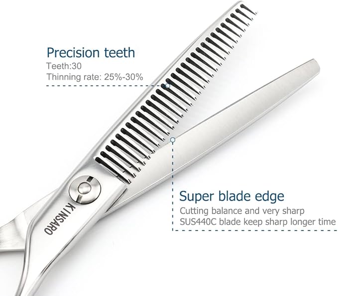 6" Barber Hair Scissors Hair Thinning Shears Professional Hair Thinning Scissors 30 Teeth 440C Silvery Convex Edge KINSARO for Hairdresser Barbershop or Home Use