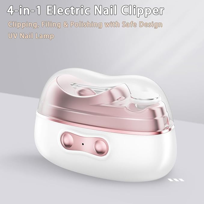 4-in-1 Electric Nail Care Kit for Senior Women, Easy-Grip Rechargeable Nail Clipper & File with Gentle Grinding Heads, and UV Lamp, Manicure Tool for Thick Nails & Steady Hands (White)