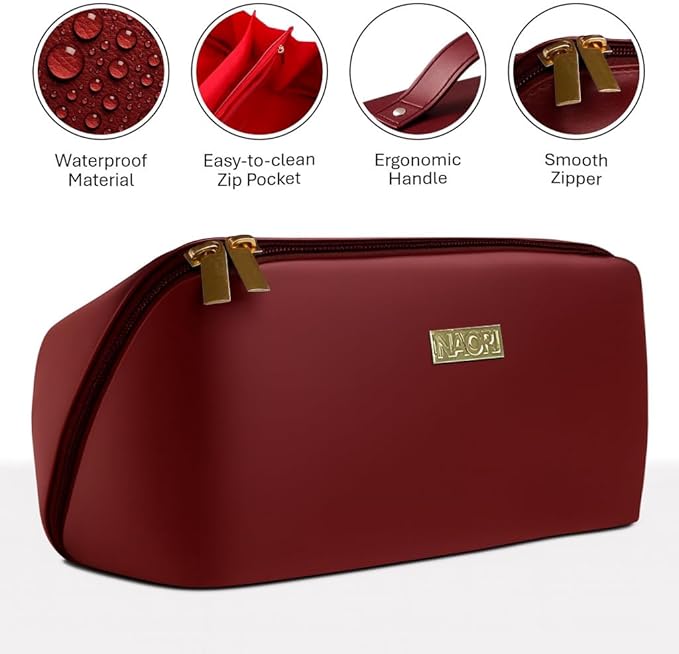 NAORI Travel Makeup Bag for Women | Large Luxury Cosmetic Organizer with Handle & Inner Pockets | Waterproof Leather Toiletry Bag | Makeup Case for Home, Travel & Gifting (Classic Burgundy)
