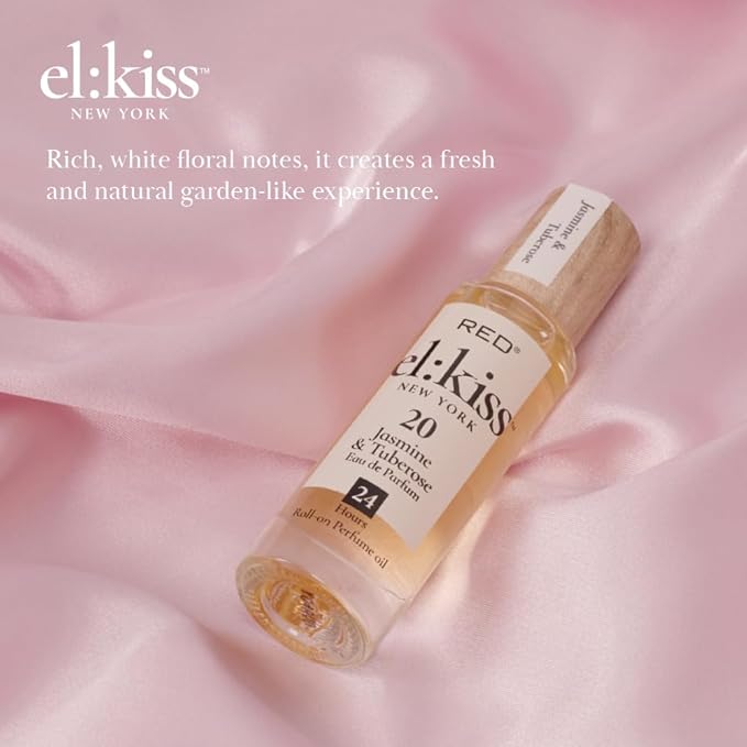 EL:KISS Roll On Perfume, Jasmine & Tuberose Inspired by Guc. Bloom, Eau de Parfum 12mL (.40 Fl Oz), Hydrating & Long-Lasting, Alcohol-Free & Mineral Oil-Free, Infused With Jojoba, Argan & Coconut Oil