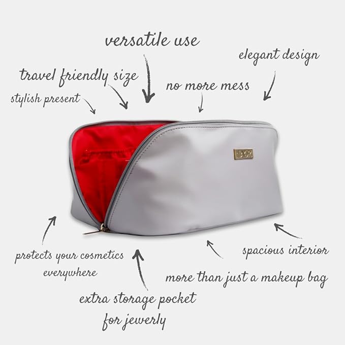 NAORI Travel Makeup Bag for Women | Large Luxury Cosmetic Organizer with Handle & Inner Pockets | Waterproof Leather Toiletry Bag | Makeup Case for Home, Travel & Gifting (Soft Grey)