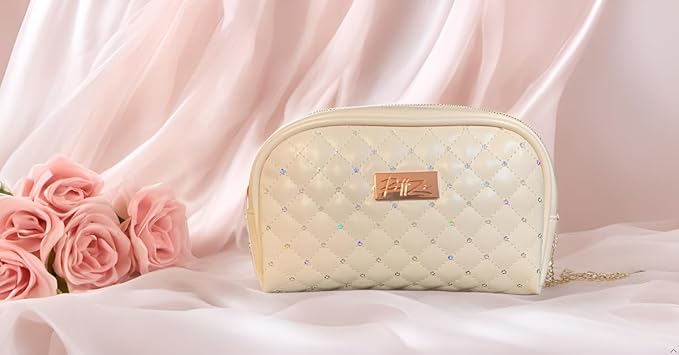 Luxurious Cream Quilted Cosmetic Bag - Elegant Travel & Makeup Organizer
