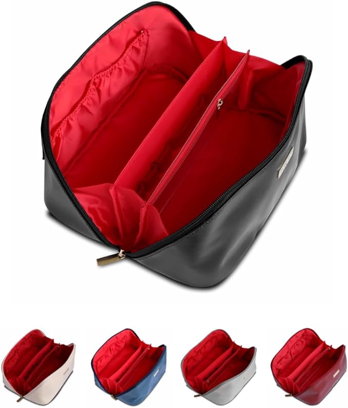 NAORI Travel Makeup Bag for Women | Large Luxury Cosmetic Organizer with Handle & Inner Pockets | Waterproof Leather Toiletry Bag | Makeup Case for Home, Travel & Gifting (Elegant Black)