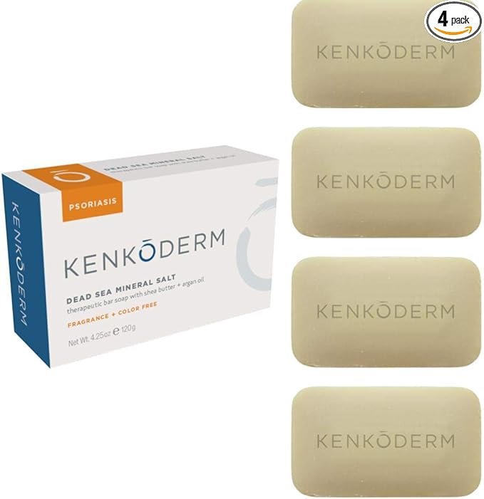 Kenkoderm Psoriasis Dead Sea Mineral Salt Soap with Argan Oil & Salicylic Acid, Natural Exfoliating Body & Face Cleanser for Sensitive Skin, Color & Fragrance Free, 4.25 Ounce, Pack of 4 Bars