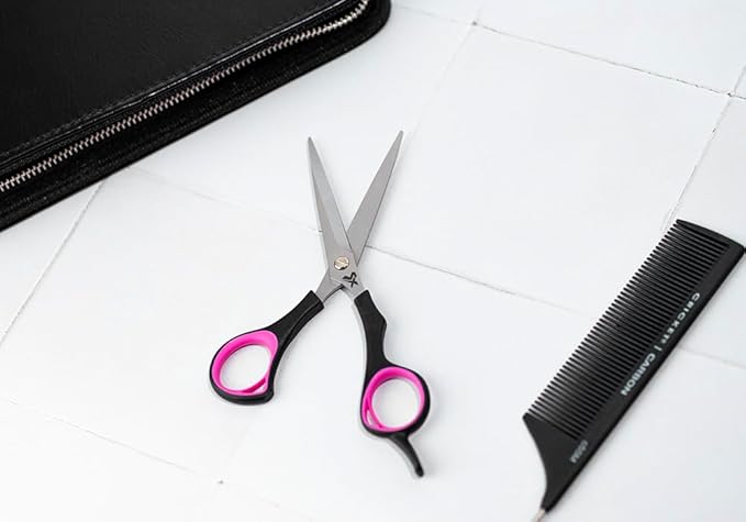 Cricket Style Xpress La-Di-Da Hair Cutting Scissors - Sharp Micro-Serrated Beveled Blades, Stainless Steel Shears Hair Scissors - Wet & Dry Use, Barber Accessories - 5.75", Pink and Black