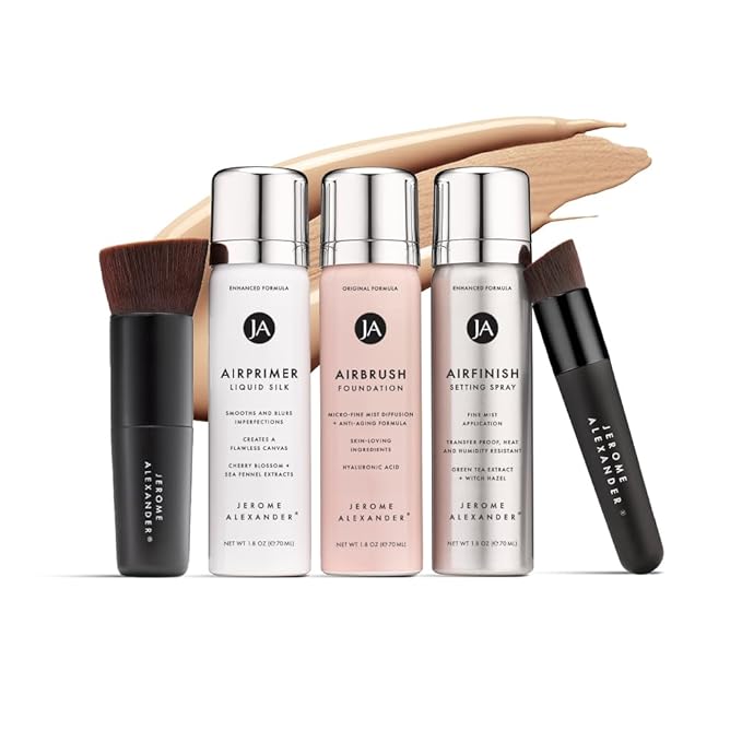 MagicMinerals AirBrush Foundation Set by Jerome Alexander - Complete 5pc Spray Makeup Set with Foundation, Primer, and Setting/Finishing Spray - for Smooth, Radiant Skin (Medium)