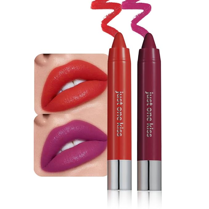 2Pcs Bright Red & Fuchsia Rose Hydrating Cream Lipsticks Lip Crayon for Women, Moisturing Lipstick Longwear Lip Crayon Set for Ombre Shades, Matte Creamy Lips Stick Natural Nourishing Lips Balm Set, F