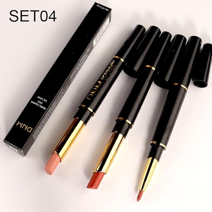 BINGBRUSH 3Pcs Double Ended Light Brown Nude Beige Matte Lip Liner and Lipstick Makeup Combo Set for Women, Rose Gold Lipliner 24 Hours Original Waterproof Long Lasting Lip Stains Pencil Kit Set