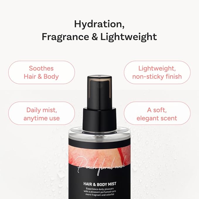 Korean Hair & Body Mist – Botanical Waters & 17 Amino Acids – Sulfate, Paraben & Silicone-Free – Peach Floral Musk, 125ml / 4.22 fl oz