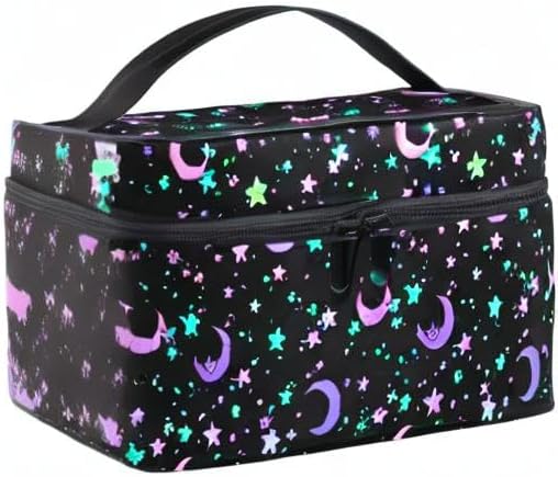 Makeup Bag, Crescents and Stars Makeup Organizer Bags Toiletry Bag Box Travel Cosmetic Bag Make Up Train Case for Women Teen Girl Ladies