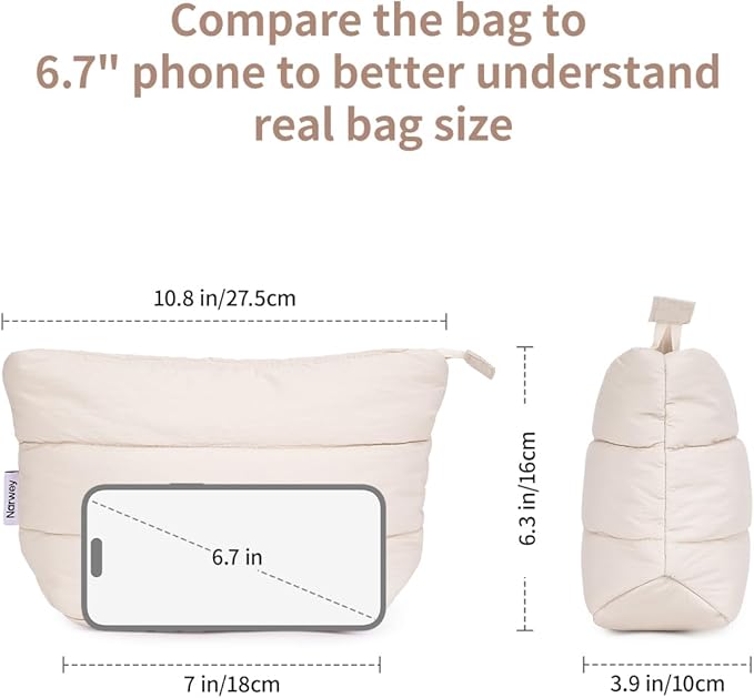 Narwey Small Makeup Bag for Travel Women Girl, Puffer Cosmetic Bag Makeup Pouch for Purse with Zipper, Cute Puffy Make Up Organizer Bags, Travel Toiletry Bag Toiletries (Beige)
