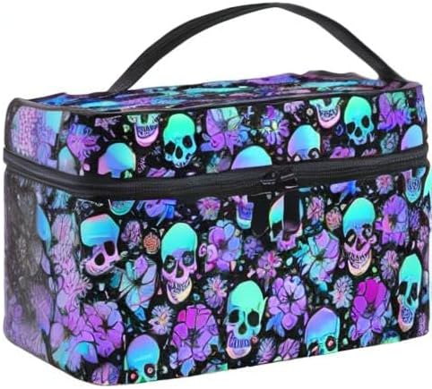 Goth Skull Makeup Bag, Gothic Skull Flowers Makeup Organizer Bags Toiletry Bag Box Travel Cosmetic Bag Make Up Train Case for Women Teen Girl Ladies