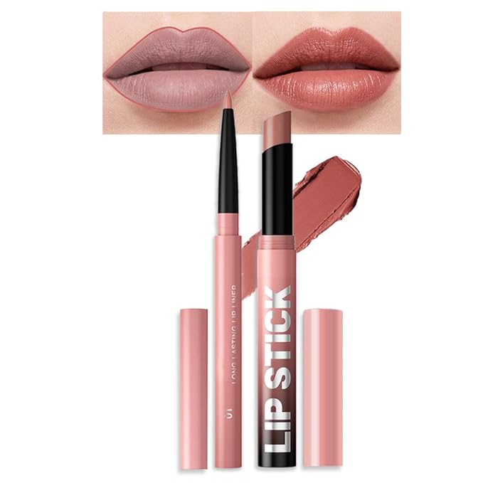 2Pcs 2 in 1 Matte Nude Lip Liner and Lipstick Combo Set for Women,Lipstick Stain Lip Liner for Daily & Party Long Lasting Waterproof Smudge Proof 24 Hour Full Coverage Vegan Lip Makeup Kit