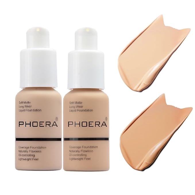 2 Pack PHOERA Foundation 102# Nude and 104# Buff Beige,Soft Matte Oil Control Liquid Foundation.