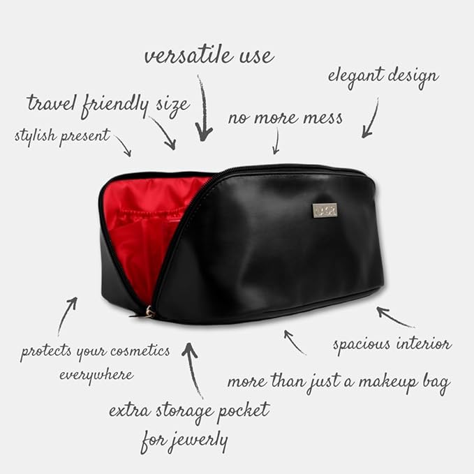 NAORI Travel Makeup Bag for Women | Large Luxury Cosmetic Organizer with Handle & Inner Pockets | Waterproof Leather Toiletry Bag | Makeup Case for Home, Travel & Gifting (Elegant Black)