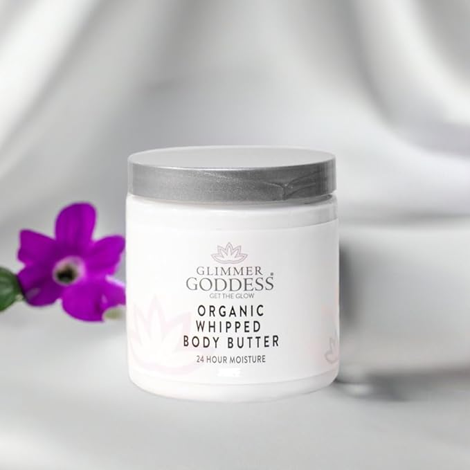 Glimmer Goddess Organic Whipped Body Butter for Women - Moisturizer Cream with Shea & Cocoa Butter, Almonds & Coconut Oil - Coconut Vanilla, 8oz