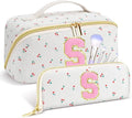 Personalized Travel Makeup Bag Set,Initial Travel Cute Cherry Makeup Organizer Bag,Toiletry Skincare Cosmetic Bag,Christmas Gifts for Women/Girls,Open Flat Toiletry Pouch with Brush Pocket-S