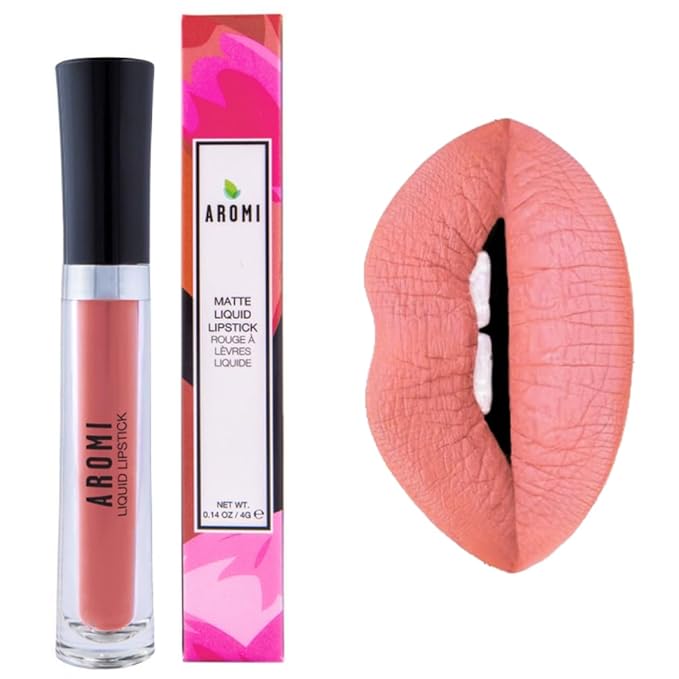 Aromi Peach Matte Liquid Lipstick | Peachy Nude Lip Color, Pink Caramel, Vegan, Cruelty-free, Long-Lasting, Handmade (Fuzzy Peach)