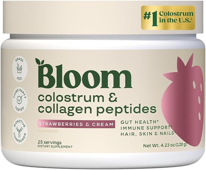Bloom Nutrition Bovine Colostrum Powder with Vitamin B-12 for Gut Health, Immune Support, Hair Growth & Beauty Supplement | Strawberry, 25 Servings