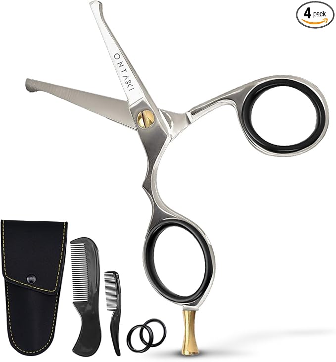 Ontaki 4.2" Japanese Steel Rounded-Tip Beard & Mustache Scissors - Silver - Precision 420C Steel Round-Tip Beard Shears - Safe Blunt Edges for Nose Hair Trimmer for Men - Versatile Eyebrow Scissors