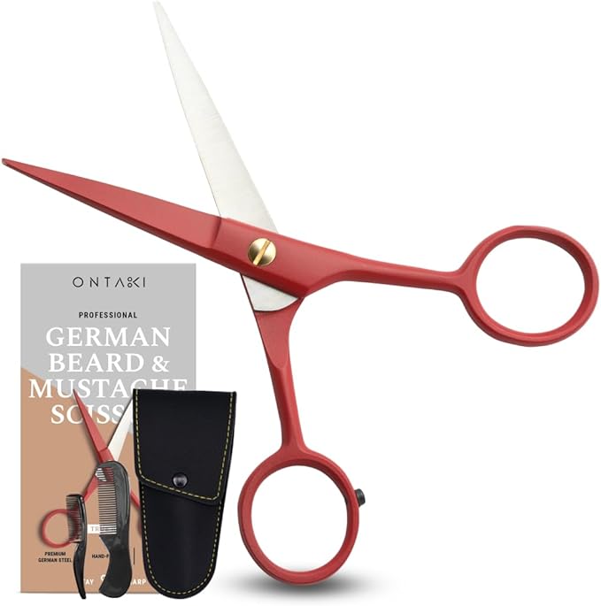 Ontaki Beard Scissors & Mustache Scissors - 5-Inch, True Red - German High-Carbon Steel Bevel Edge - Grooming Kit with Beard Comb & Mustache Comb & PU Leather Pouch - Facial Hair Grooming for Men
