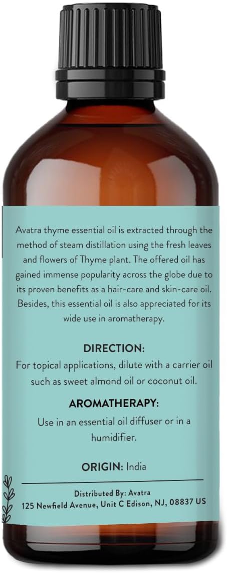 Avatra Thyme Essential Oil 100ML (3.38 OZ) with Glass Dropper and Travel Bottle, Pure and Natural Therapeutic Grade Thyme Oil for Diffuser, Aromatherapy, Massage, and DIY Candle Products