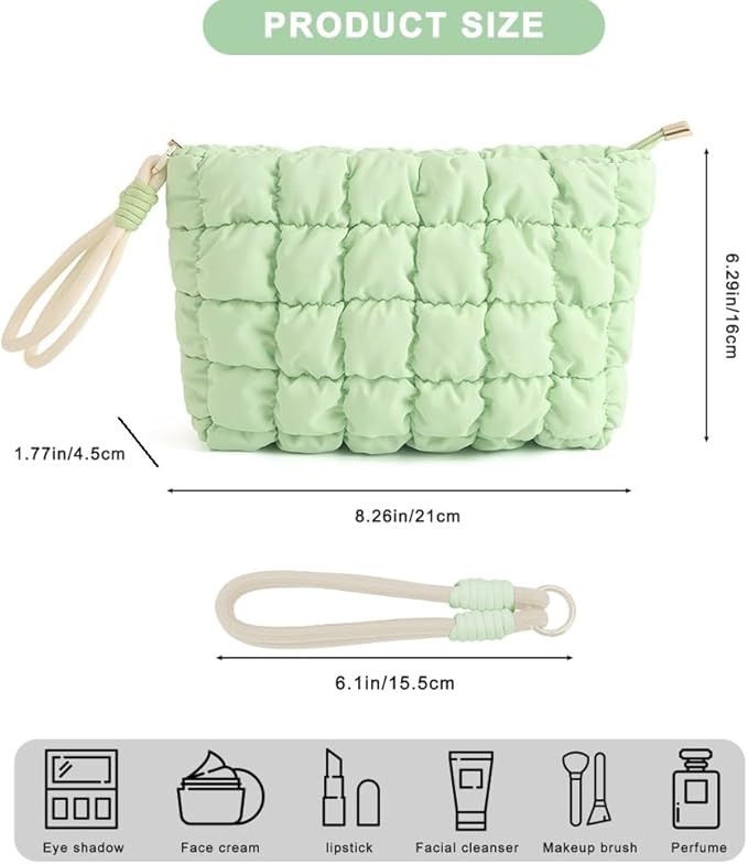 DOB SECHS Puffer Quilted Makeup Bag with Handle Detachable Cute Puffy Cotton Cosmetic Bag for Women, Small Toiletry Zipper Make Up Pouch, Checkered Quilt Clutch Bag Travel Storage Pouches Case, Green