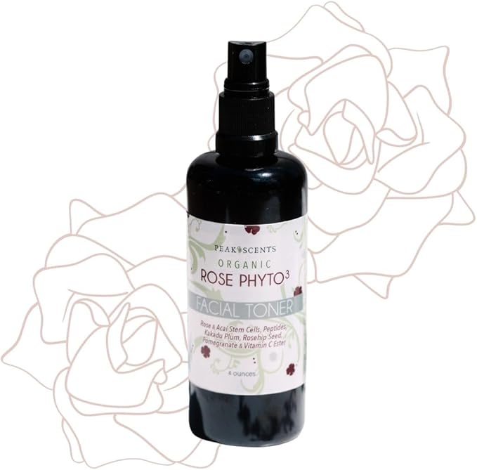 Peak Scents Organic Phyto³ Rose Water Facial Toner Spray - Pure Rosewater for Face, with Acaí and Herbal Extracts - Eco-Friendly and Vegan - Hydrating Rose Water Organic Face Spray (4 oz)
