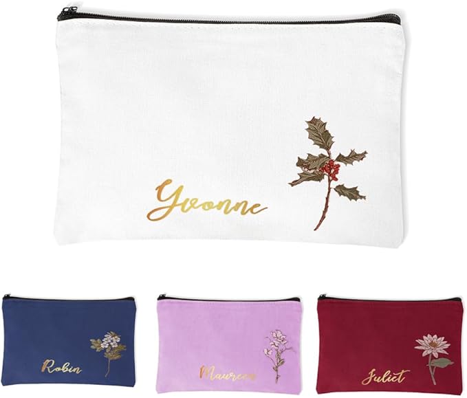 Custom Name Makeup Bag Personalized Name Birth Flower Small Cosmetic Bag Birthday Gifts For Women Mother Bridesmaid Size 7.9×5.5INCH