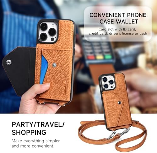 LUCKYCOIN Crossbody Wallet Phone Case for iPhone 15 Pro,100% Genuine Leather Wallet Phone Case with Expandable Flip Card Holder,Phone Purse for Women with Adjustable Removable Strap - Pebble Brown