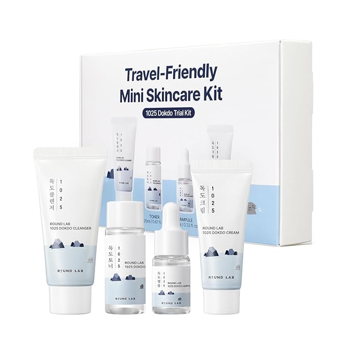 ROUND LAB 1025 Dokdo Hydrating Mini Size Kit (Cleanser, Toner, Ampule, Cream) | Deep Hydration for Dry Skin | Gentle, Lightweight Routine for Daily Moisture & Soothing Care
